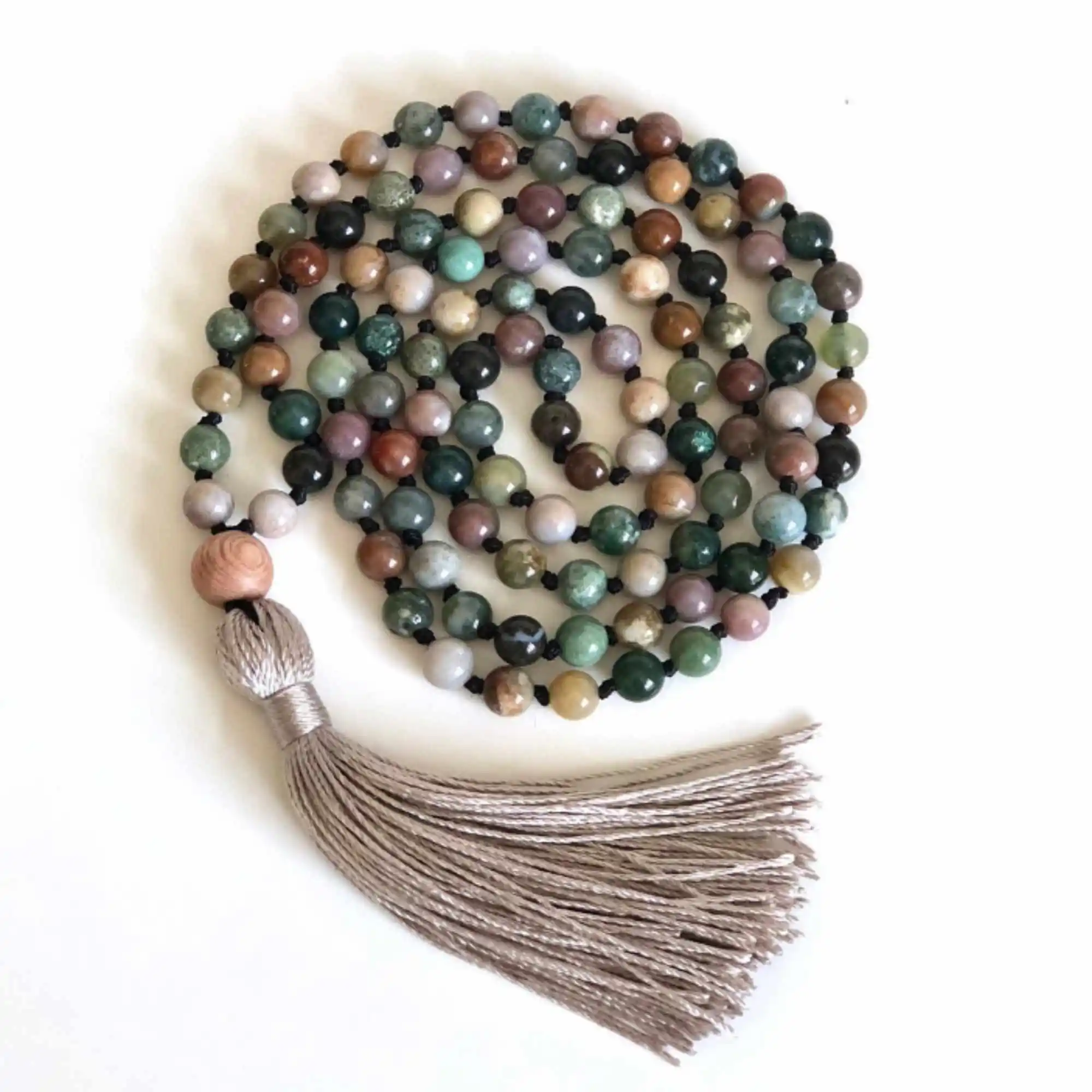 

6mm Natural knot Indian agate gemstone wood beads necklace Calming Handmade Chain Seven Chakras Glowing Lucky Meditation Bless