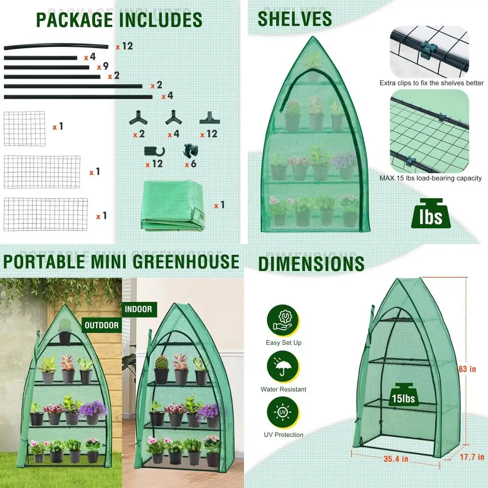 

Portable 4-Tier Mini Greenhouse with Shelves and Weatherproof PE Cover, Ideal for Seedlings and Gardening, 35x18x63 inches, Clea