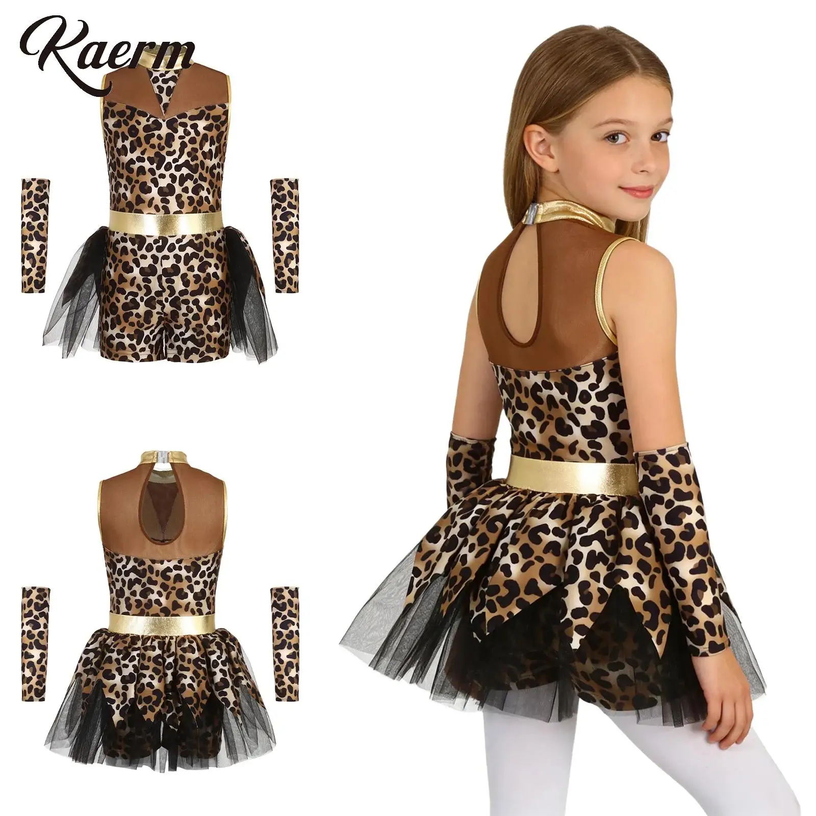 

Halloween Primitive Caveman Cosplay for Girls Prehistoric Cave Stone Leopard Print Jumpsuit +Gloves Metallic Tutu Skirt Rompers