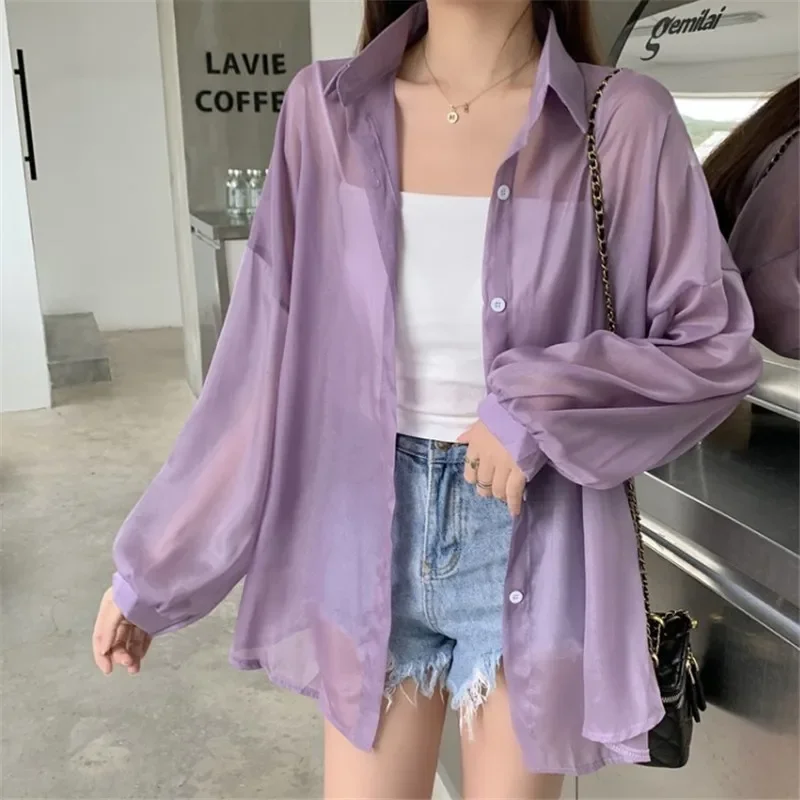 

Summer Thin Perspective Pearl Chiffon Sunscreen Shirt Coat for Women 2024 New Fashionable Lightweight Shirt for Women Y297