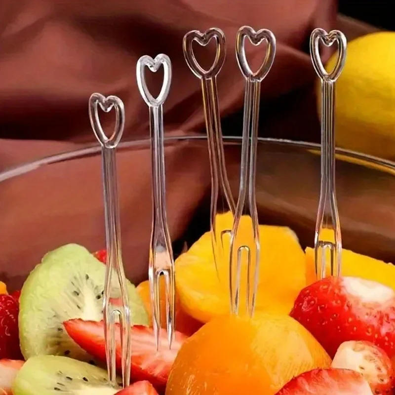 100 Uds. Tenedores de fruta transparentes en forma de corazón, tenedores de postre, tenedores para aperitivos con doble punta, adecuados para bares, clubes y restaurantes