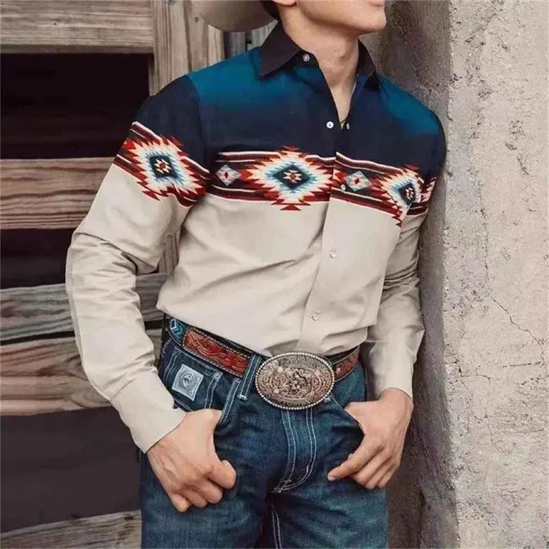Retro Western Tribal Men's Shirt Leisure Party Totem Print PU Leather Thickened Fleece Nine-Quarter Sleeve  Collar