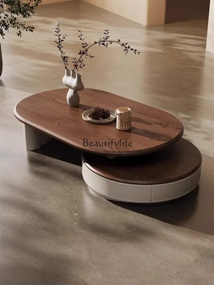 

ls 35 lRetro Style Light Luxury Retractable round Tea Table Small Apartment Modern Simple Saddle Leather Tea Table