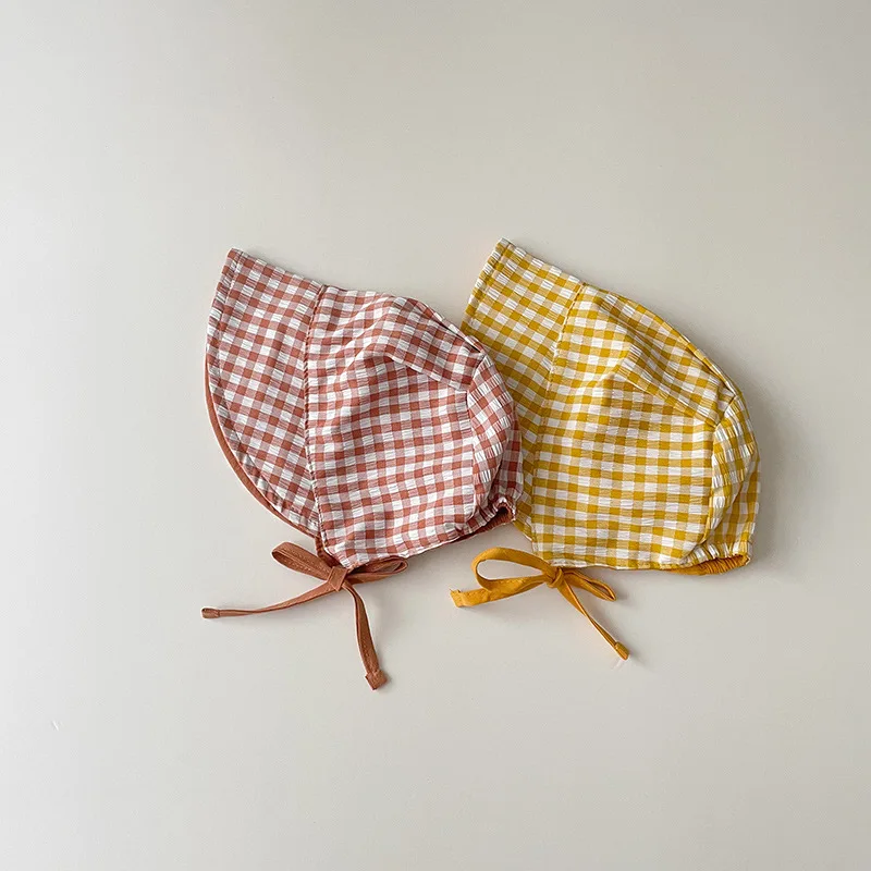 Double Sided Plaid Baby Bucket Hat Summer Cotton Infant Sun Visor Cap Korean Solid Color Reversible Kids Fisherman Caps Bonnet