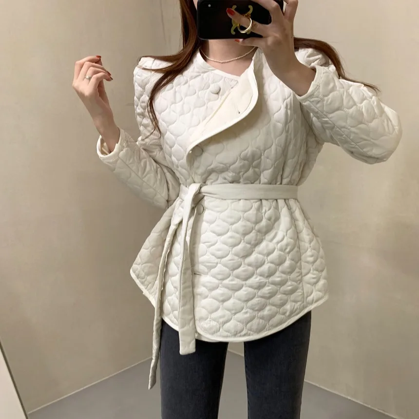 

Faionable Chic Women's Cotton Jaet Coat round Ne Single Button Belted Waist Simple Sli Retro Autumn Winter Top