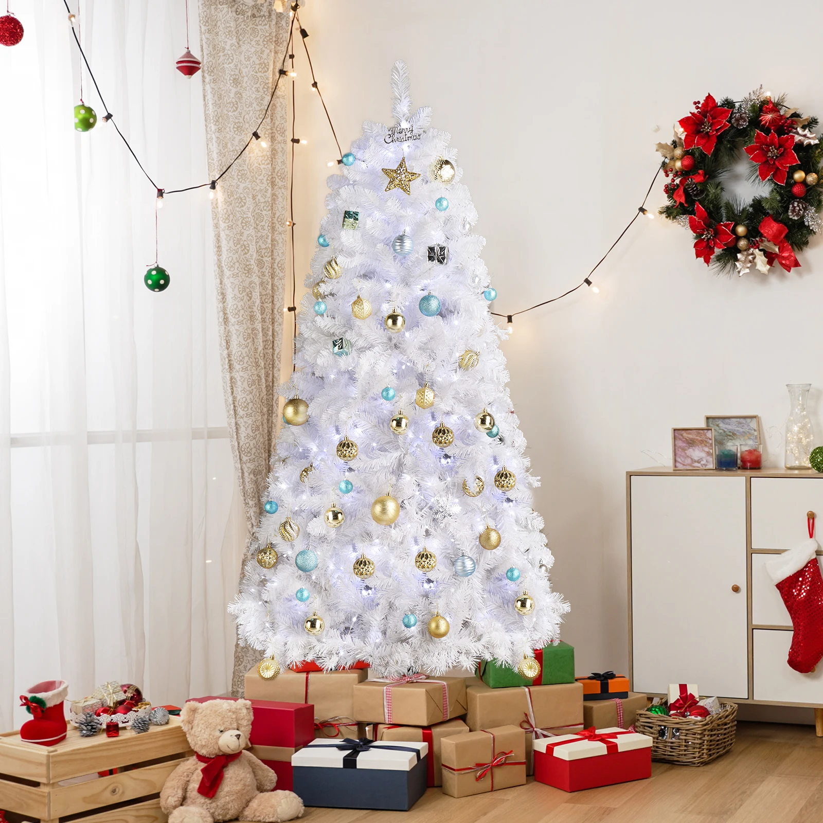 6ft White 300 light cool 8 mode with remote control 845 branches hanging tree structure PVC material Christmas tree rules