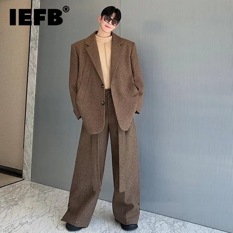 IEFB Niche Design Men\'s Two-piece Sets Single Breasted Chic Button Suit Jackets Solid Color Straight Leg Loose Male Pants 9C7876