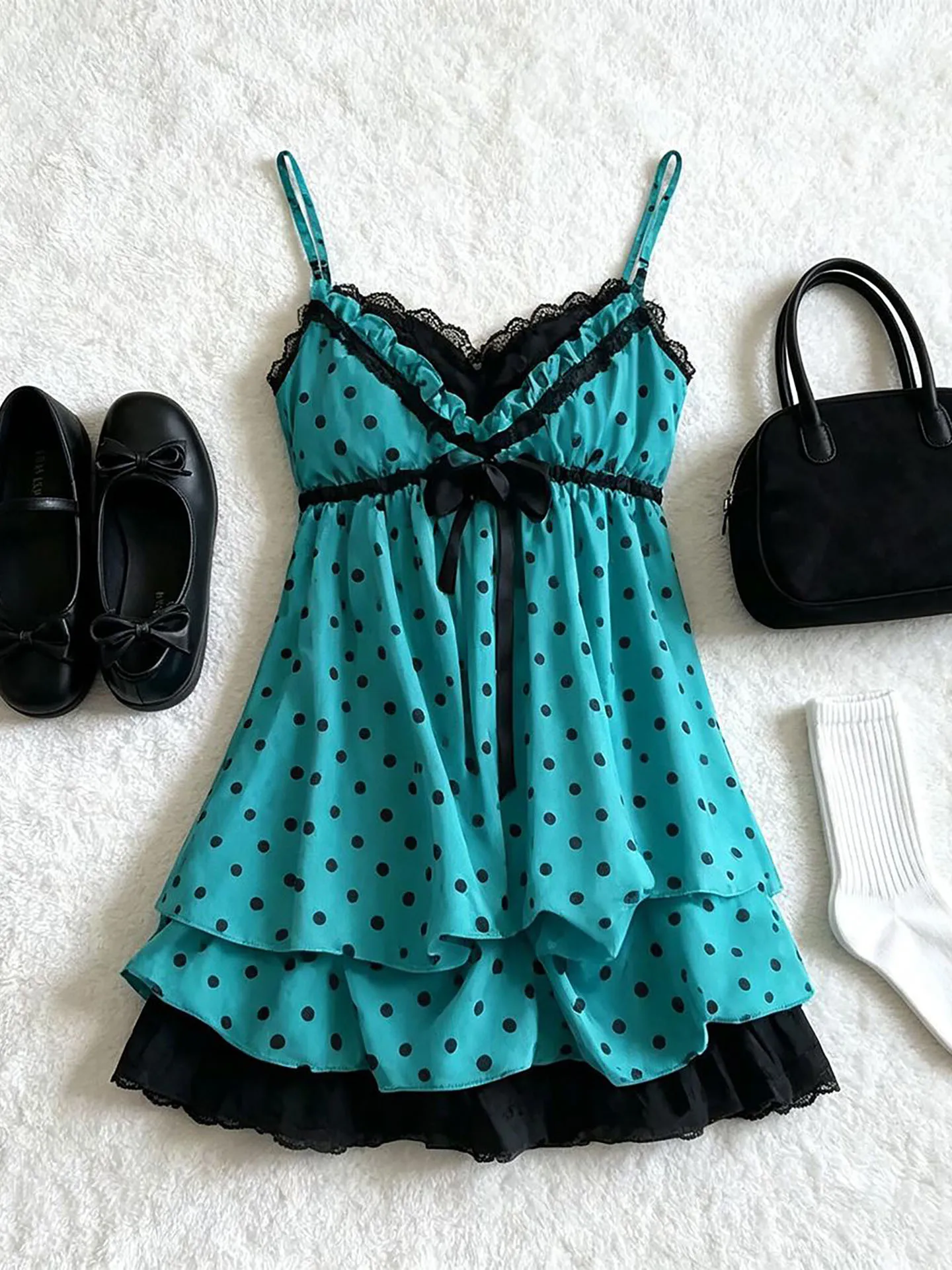 

2026 New Sweet Sensation Lace Trim Polka Dot Strap Dress Waist Cinching A-Line Short Skirt High Waist Summer Casual A-Line Dress