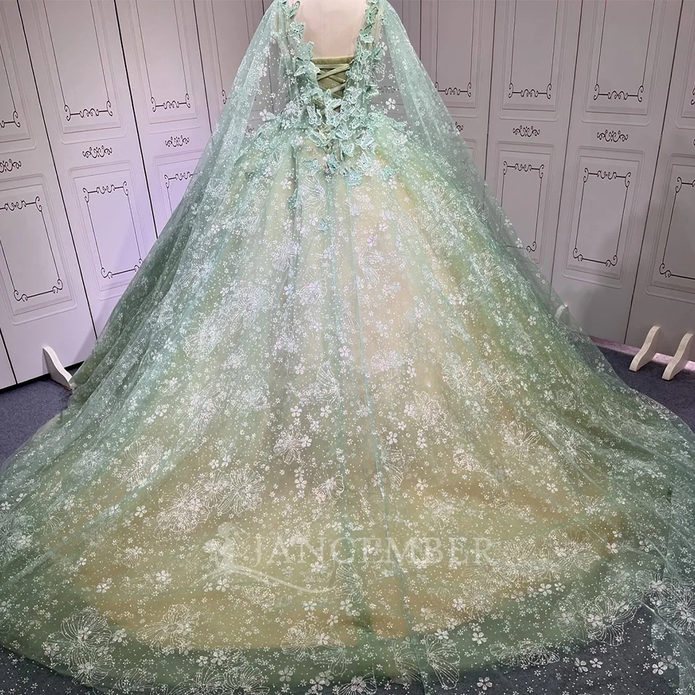 Glittering Green 3D Flower Butterfly Beaded Quinceanera Dresses for Sweet 15 Year Corset Puffy Ball Gown Princess Customized