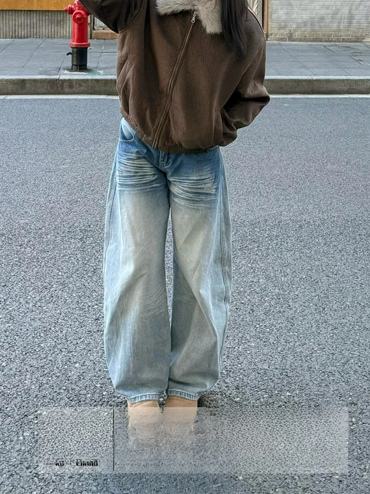 plus Size American Retro Casual Denim Jeans Women's Autumn Winter New Sle Pear ape Light Colored Straight Leg Pants