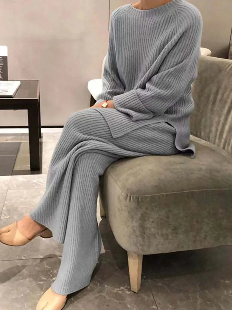 

Autumn Winter Casual New Knitted loose Sweater Two Piece sets Women Fashion Solid O-Neck Long Sleeve Split top Pants 2Piece set