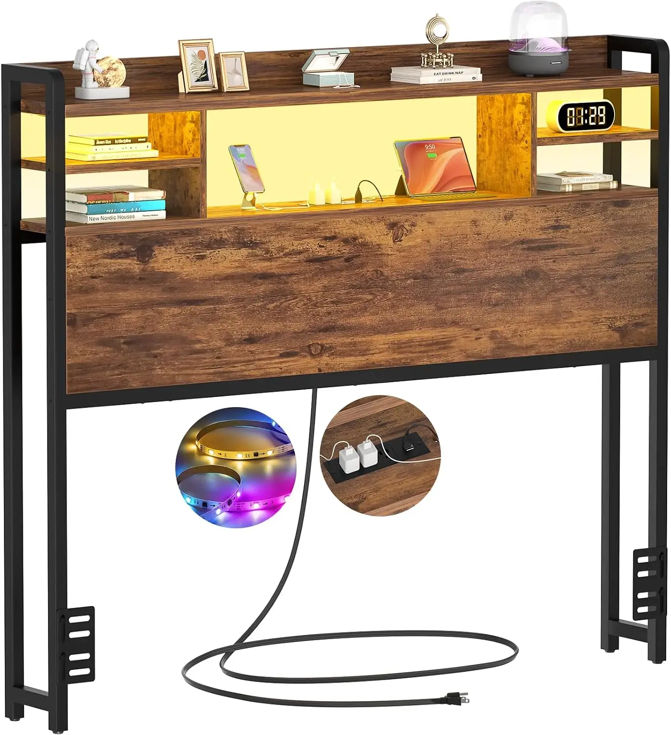 Twin Bed Headboard Storage Outlets USB Ports LED Rustic Wood Brown