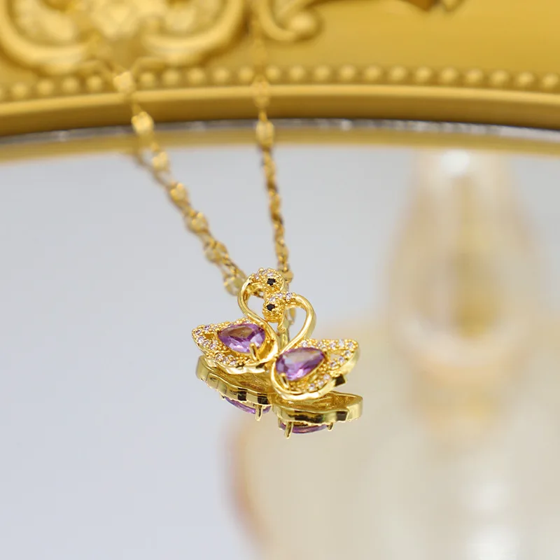 Stainless Steel Gold-Plated Swan Women Necklace Clean Stone Zircon Wedding Party Jewelry