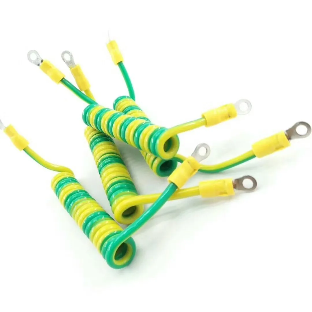 100pcs Yellow-Green Ground Spring Spiral Cable Single Core 2.5/4/6mm2 Stretchable Wire Shrinkable Cable  with 5mm Copper Plug