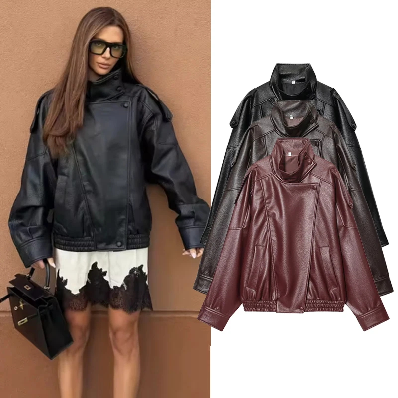 

Женская куртка из искусственной кожи, пальто, модные куртки с воротником-стойкой и длинными рукавами, осенне-зимняя женская верхняя одежда, шикарные топы