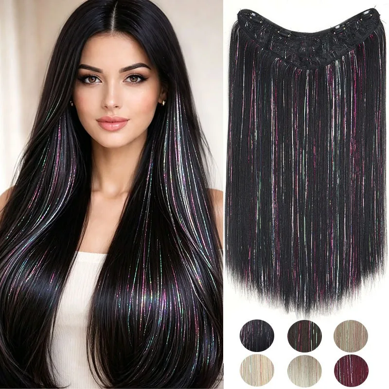 V-shaped Synthetic 4 Clip In Hair Extensions One-Piece High‑Temp Fiber Hairpiece Mixed Shiny Laser Tinsel Strands For Women Wear
