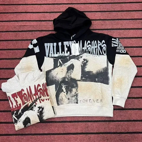 VALE FOREVER VALLEY Unisex Loose High Street Hoodie, Vintage Spliced Letter Print Early Autumn Trendy Sweatshirt