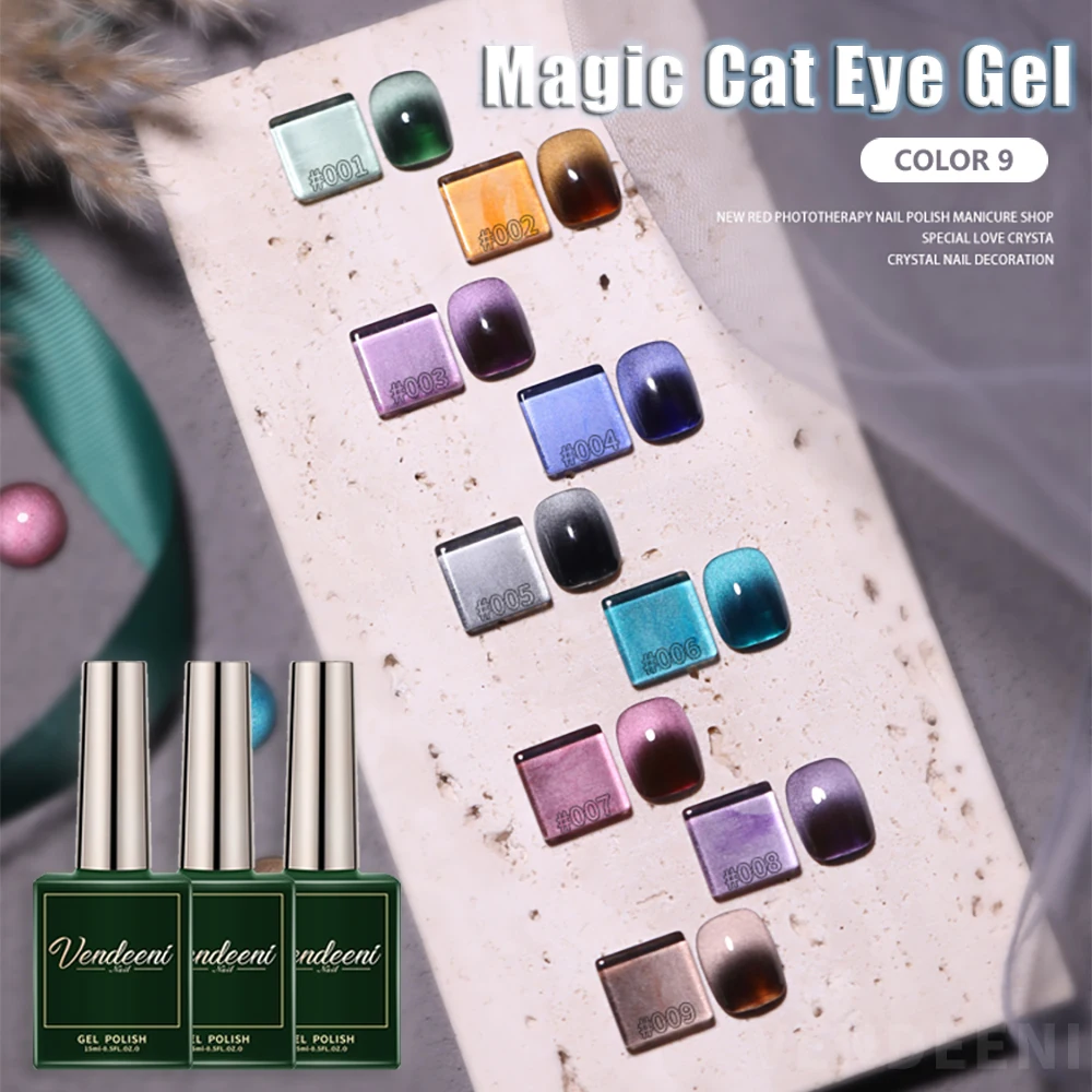 Vendeeni 9 Colors Crystal Wide Cat Eye Gel Nail Polish Semi Permanent UV LED Soak Off Gel Lacquer Magnetic Cat's Eye Gel Varnish