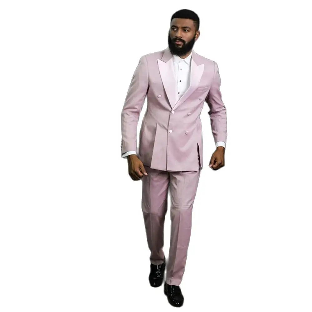 Staubigen Rosa Zweireiher herren Smoking Erreichte Revers Zwei Stücke Slim Fit Hochzeit Blazer und Hosen