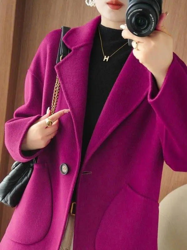 Cappotto Faionable double face da donna coreano di grandi dimensioni semplice capispalla in lana con un bottone in seta per l'autunno e l'inverno