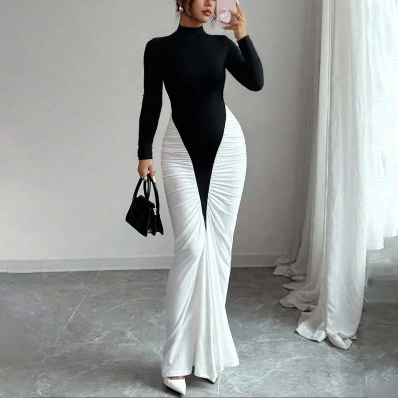 

Contrasting Color Splicing Long-sleeved Dress Femininity Waist-closed Long Dress