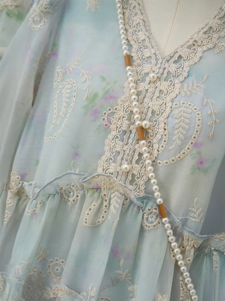 Vestido midi feminino com decote em V, manga curta, renda bordada, francês, elegante, em camadas, vestido de verão com detalhes florais vazados