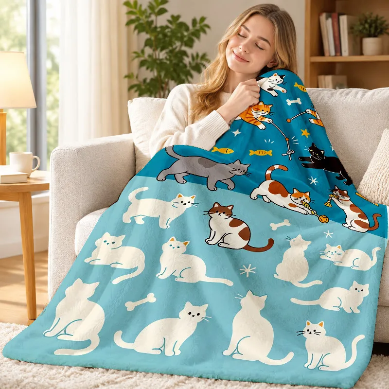 Fun Kitten Throw Blanket Blue‑Tone Cats Fish Toy Bone Cartoon Print Soft Flannel for Living Room Couch Lounge Home Decor Gift