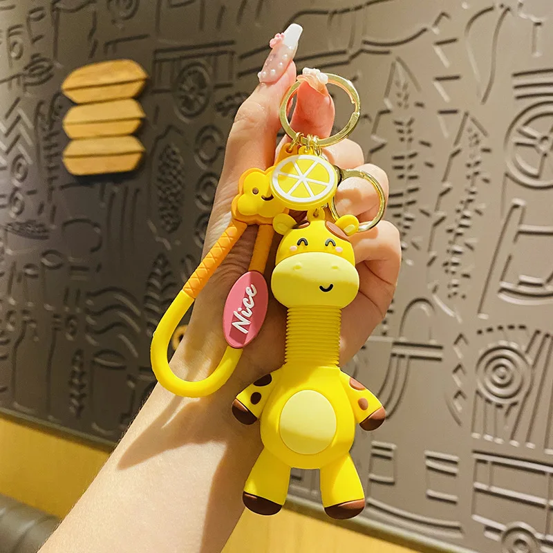 Creative Retractable Spring Toy Giraffe Doll Key Chain Nice Cloud Lemon Pendant Long-necked Deer Animal Keyring Girl Bag Trinket