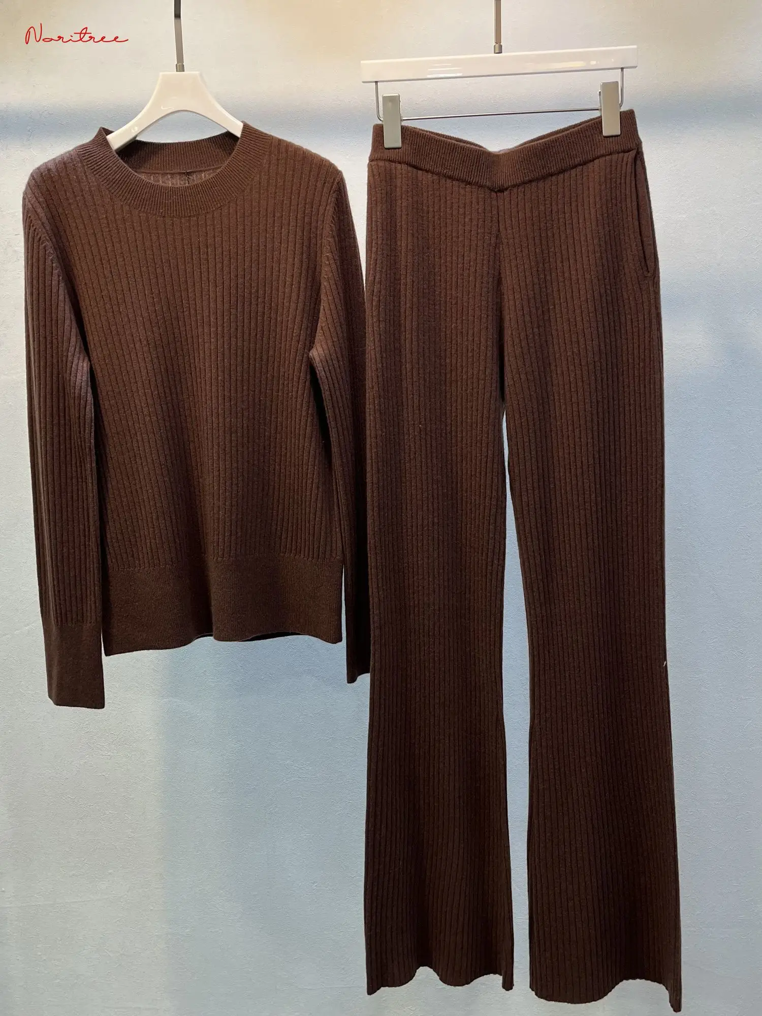 Luxury Two Pieces 50% Cashmere + 50% Wool Sets Wool Suits Female Warm Mink Cashmere Knit Tops +  Wide Leg Wool Pant Sets WY1733