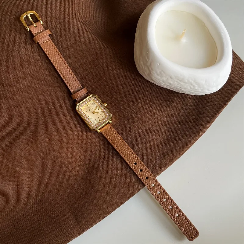 Pearl small square watch ladies retro light luxury niche temperament commuting versatile small dial women's watch