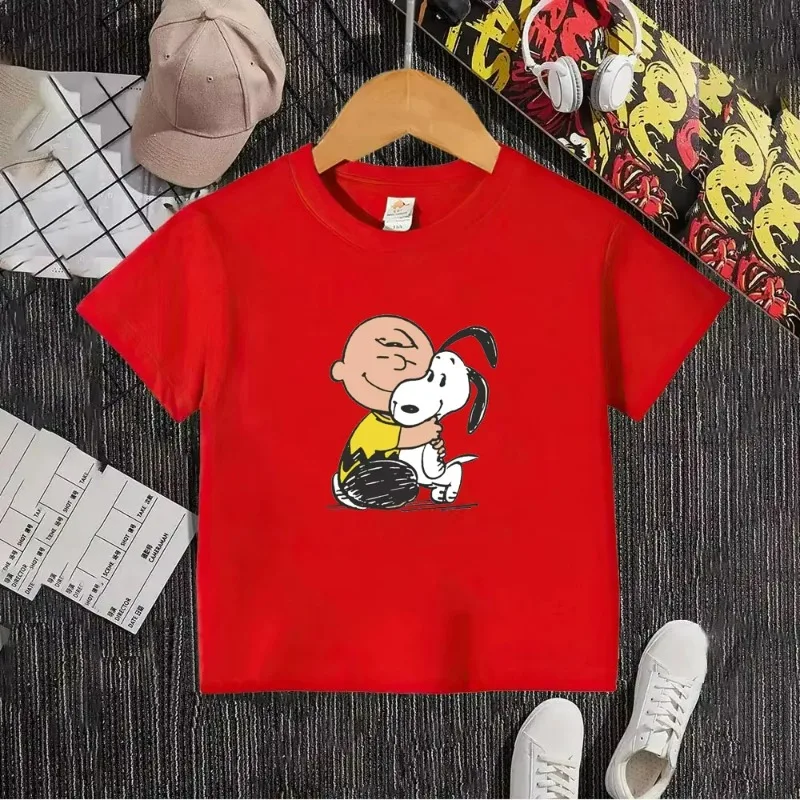 2026 تشارلي براون و سنوبي كارتون أنيمي الأطفال الشارع الأعلى الصيف جديد الفتيان والفتيات القطن الخالص جولة الرقبة تي شيرت #3