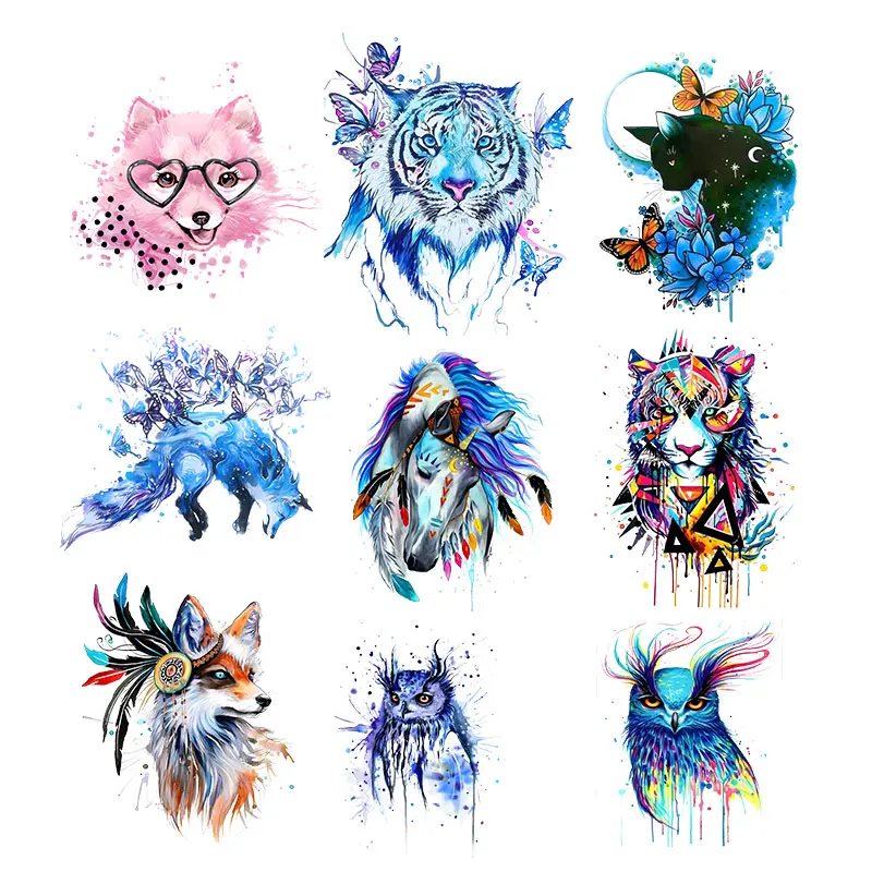 Clothing Thermoadhesive Patches Iron on Colorful Tiger Wolf Dog Cat Owl Patches for Clothing DIY T-shirt Heat Transfer Stickers