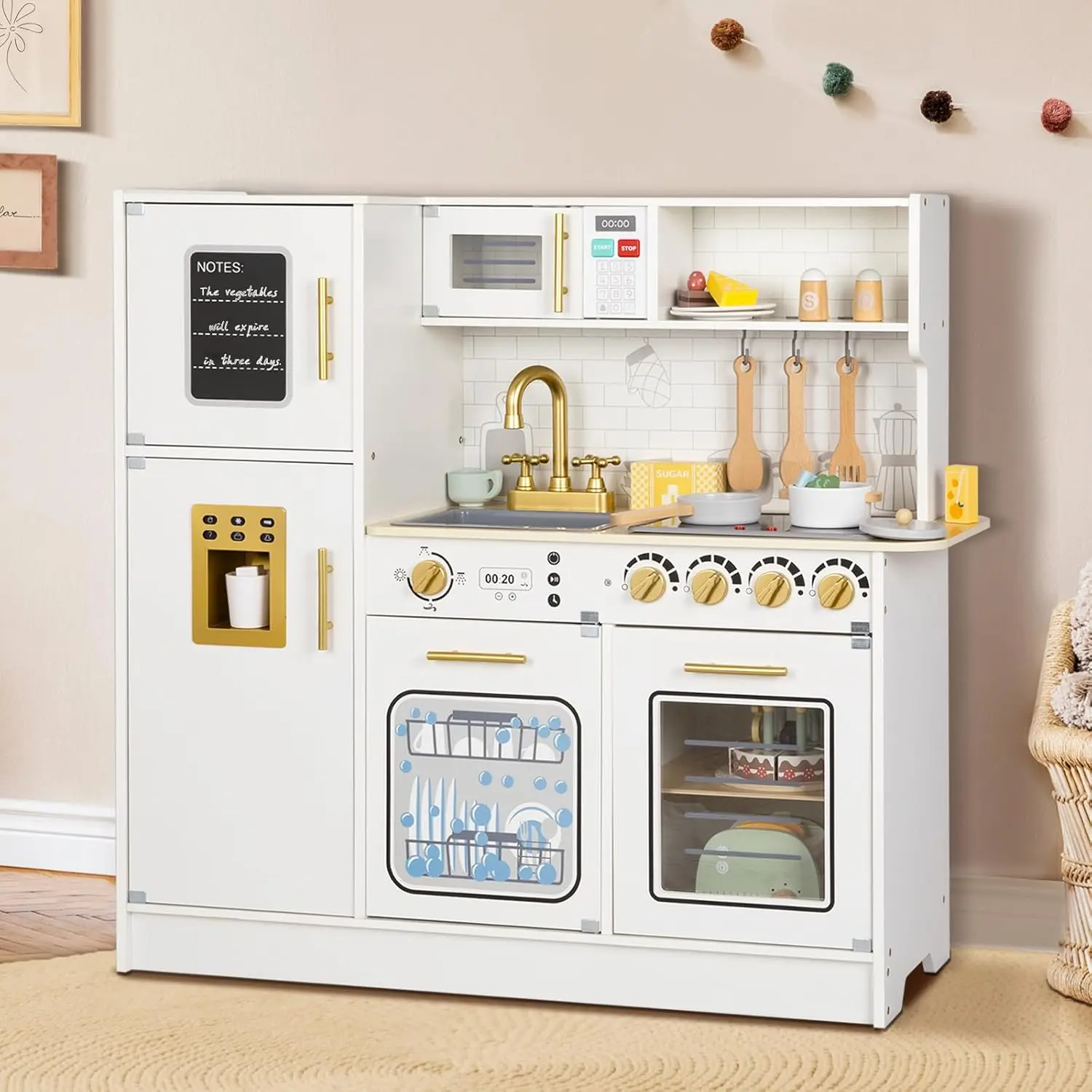 Drewniany zestaw kuchenny dla dzieci, symulowane dzieci bawią się w kuchni ze światłami i dźwiękami, przyjemna zabawka do odgrywania ról kuchnia z dużą ilością zabawy