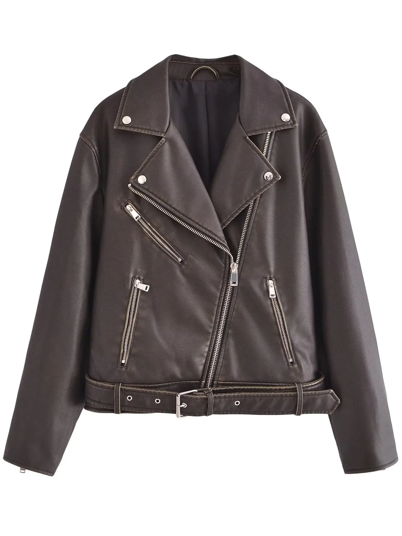 Blouson en similicuir PU femme, streetwear, vintage, avec ceinture, fermeture éclair, rétro, motard, 2023