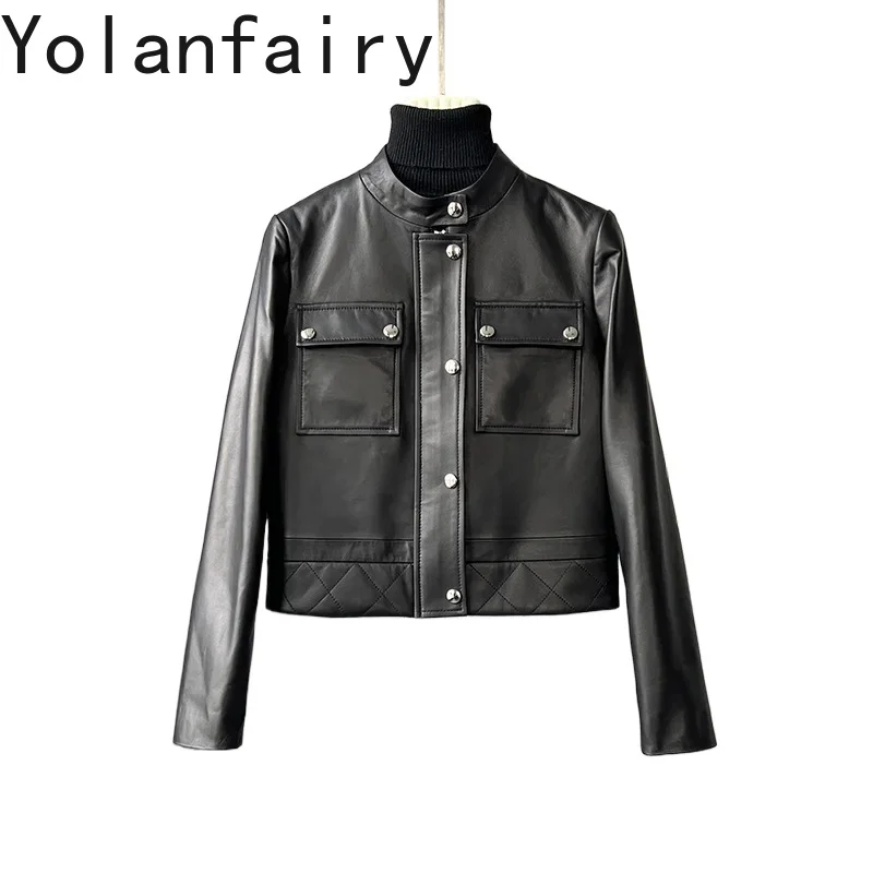 

YOLANFAIRY пальто из натуральной кожи, женская куртка, осенняя одежда, женские тонкие короткие куртки из овчины с высокой талией и воротником-стойкой FCY