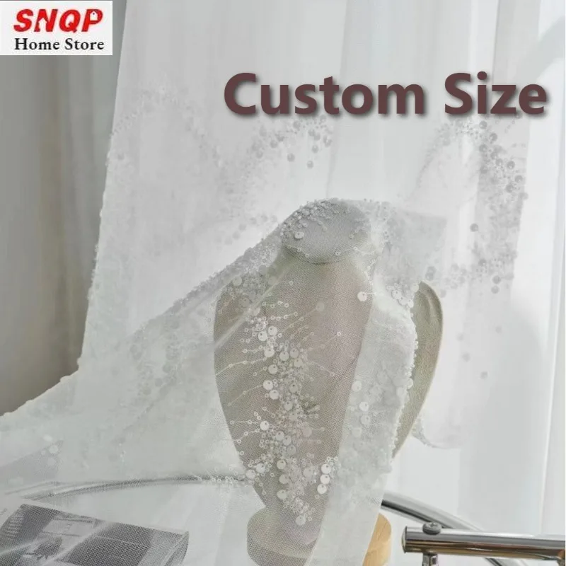 

Custom Size White Tulle European Embroidered Sequin Sheer Curtains for Living Dining Room Bedroom Luxury Fashion Window Veil