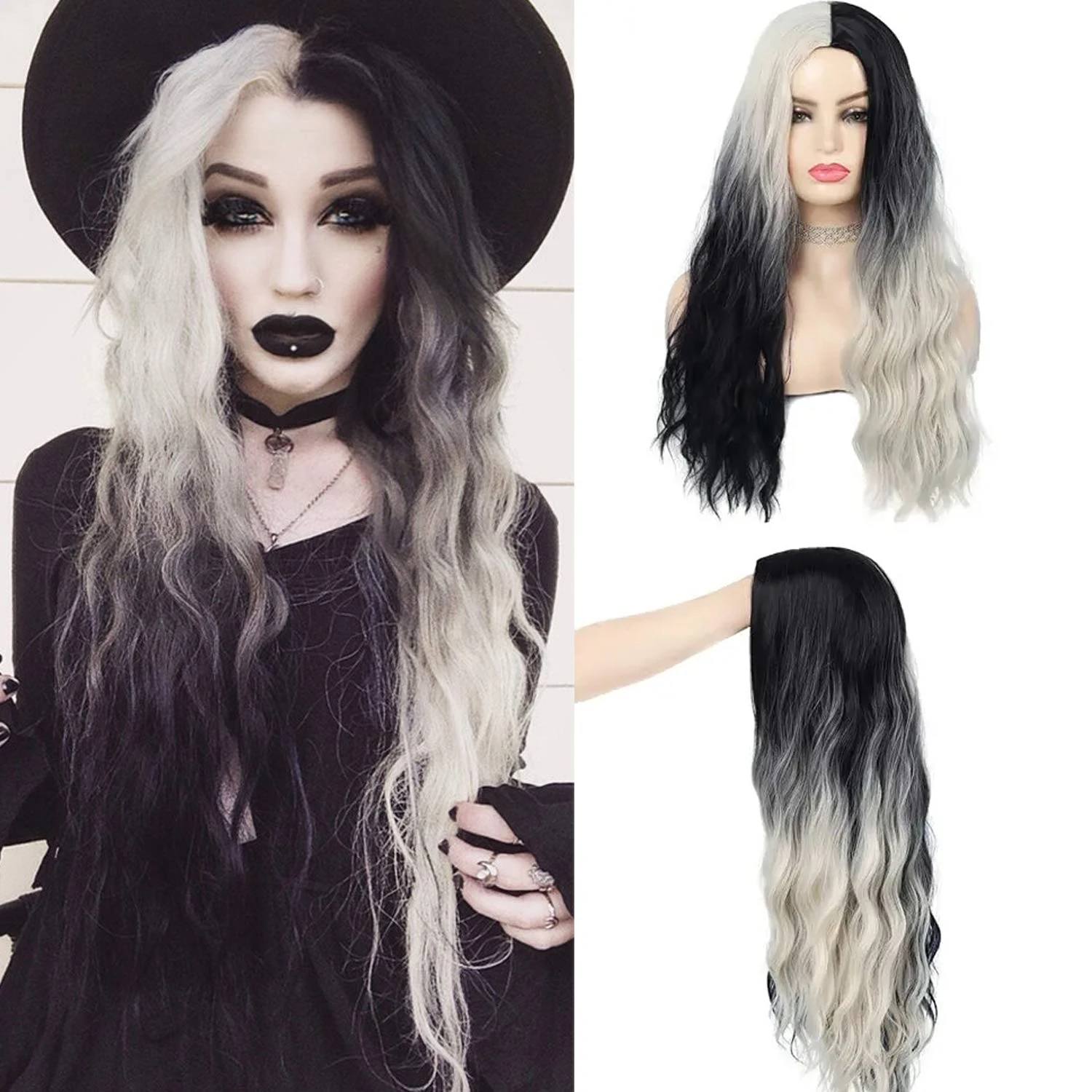 

Swiking черно-белые вьющиеся парики для женщин, длинные вьющиеся волнистые парики из натуральных синтетических волос для повседневной вечеринки, косплея, Хэллоуина