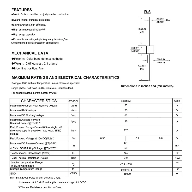 10SQ050ショットキー整流ダイオード 10A 50V R-6 アキシャルダイオード 整流ダイオード 10A 50ボルト 整流ダイオード ソーラーパネル用 30個パック