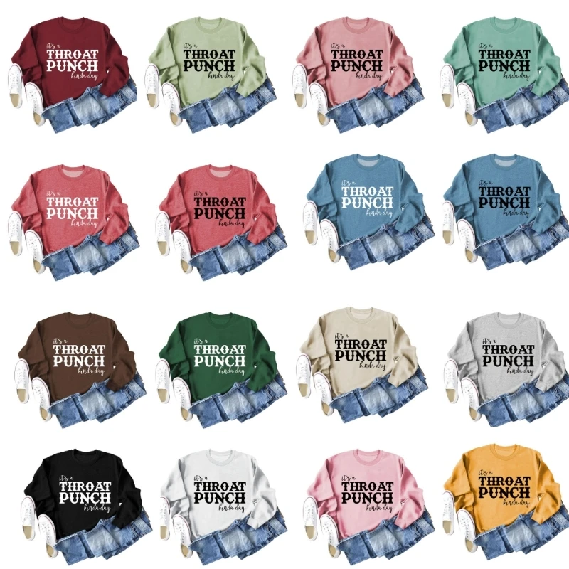 

Women Crewneck Sweatshirt Its Throat Day Letter Solid Color Loose Shirts P8DB