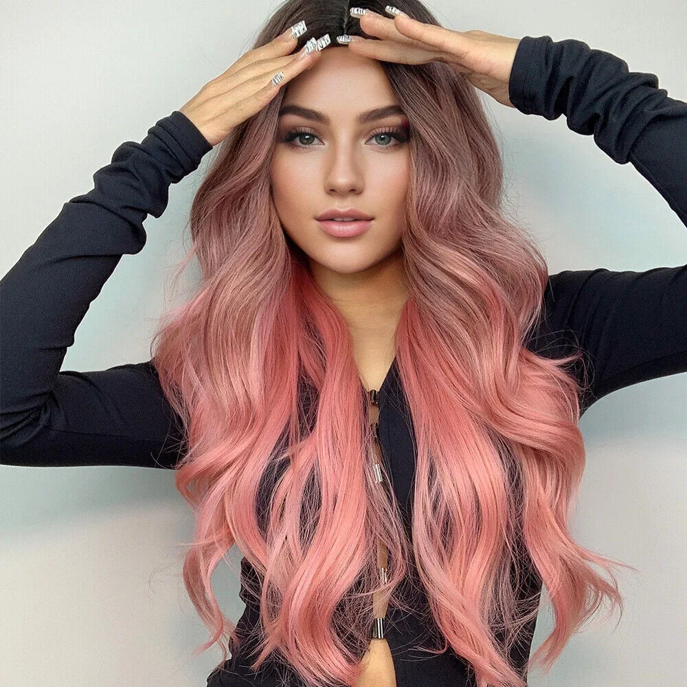 

Synthetic Long Wave Wig Black Gradient Pink Curly Women's Hair Rose Net Heat Resistant Fiber Daily Use Party Cosplay Head Cover