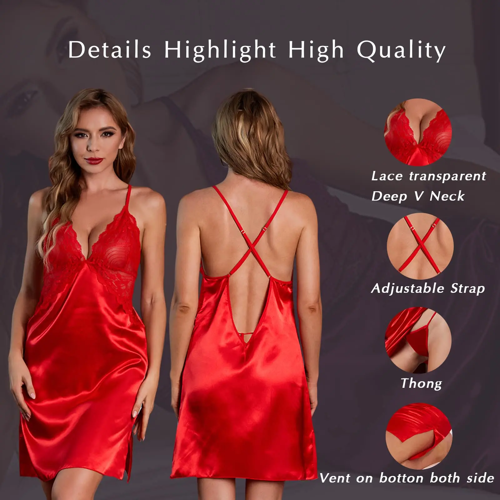 FKYBDSM Women Straps Lingerie Dress Babydolls Nightgown Slit Chemise Negligee V-neck Sleepwear