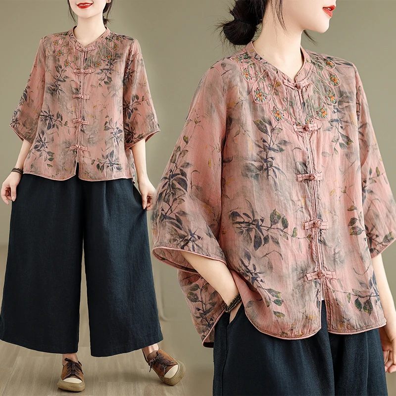 

Ele ort Sve Вышитый топ, свободный крой, модный принт, смесь хлопка и полиэстера, обычная длина, топ на пуговицах