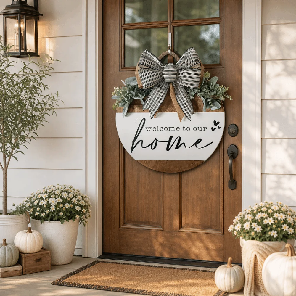 Ornaments 2D Flat Welcome Sign Wooden Flower Door Wreath Round Shape Bow Knot Wall Art Wall Decor