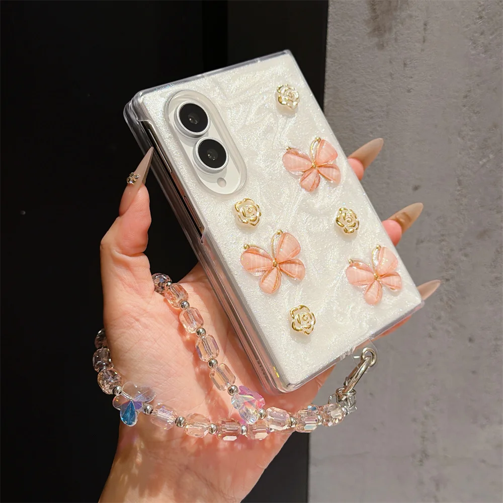 Luxury Glitter 3D Butterfly Rose Phone Case For Samsung Galaxy Z Fold8  Protective Cover With Crystal Beaded Wrist Chain