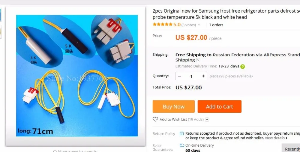 2pcs new for Samsung frost free refrigerator parts defrost sensor probe temperature 5k black and white head part