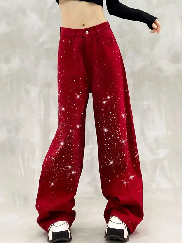 Babysbreath Shiny Hot Diamonds Wide Leg Red Jeans Women New Spring Autumn All-match High Waist Casual Straight Denim Trousers