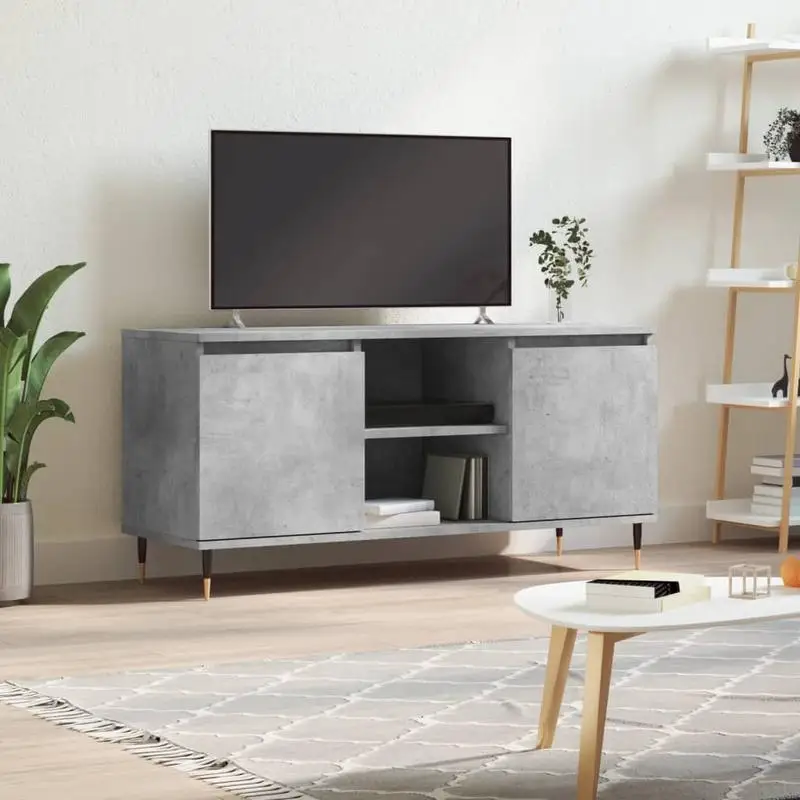 vidaXL Meuble TV gris béton, 104x35x50 cm, bois d'ingénierie avec pieds en fer pour rangement dans le salon