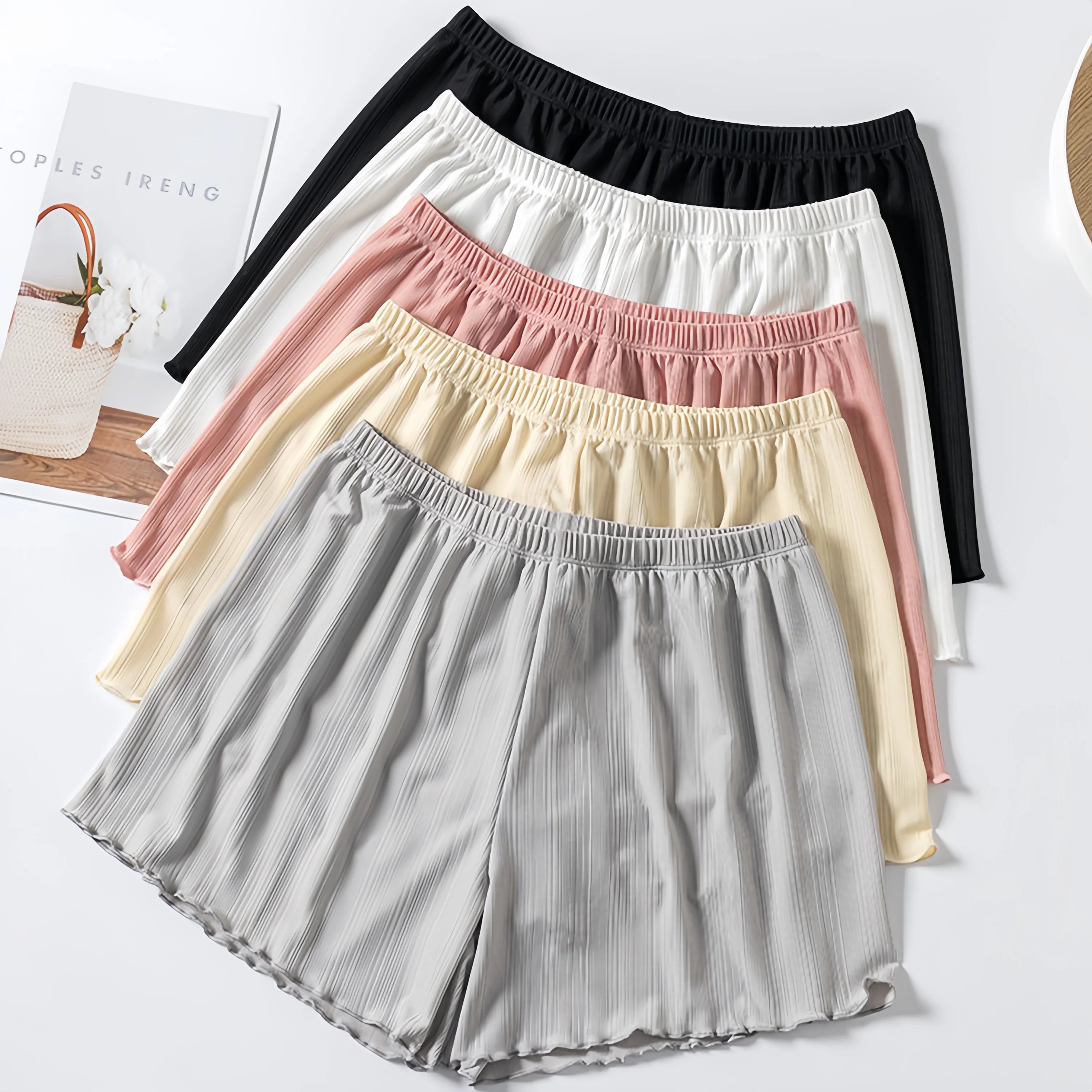 Cotton Shorts Ruffled Safety Pants Women\'s Outer Wear Leggings Thread Ribbed Striped Stretchy Underpants Summer Thin Boxer