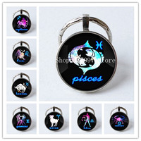 Hot Women Men 12 Constellations Leo Virgo Libra Scorpius Key Chain Glass Round Pendant Zodiac Key Chain Ring Bag Pendant