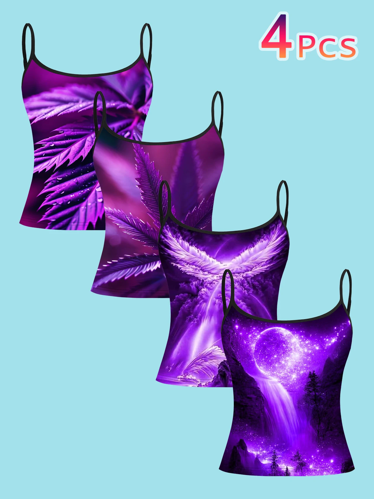 4-Piece Set of Women's Purple-Toned Psychedelic Print Camisoles with Maple Leaves, Angel Wings, Starry Sky, Waterfall, and Moonlight Design, Slim-Fit Spaghetti Strap Inner Tops